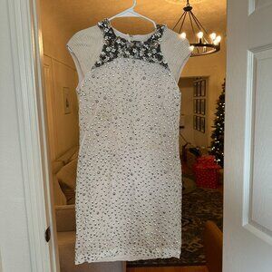 French Connection Sequin Beaded Dress Cream Silver Prom Party Size UK10 US 6